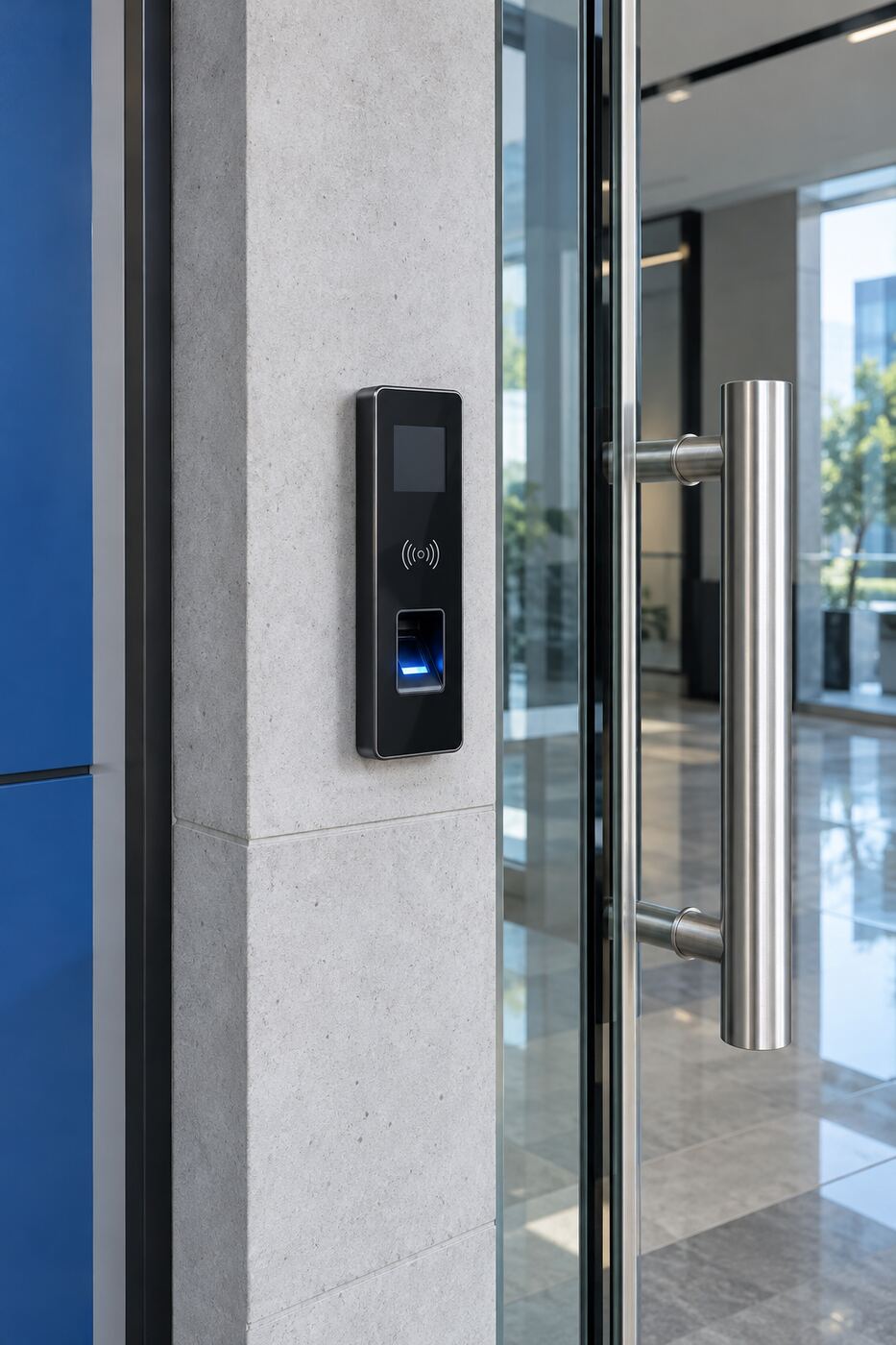 Fingerprint access reader beside a glass door