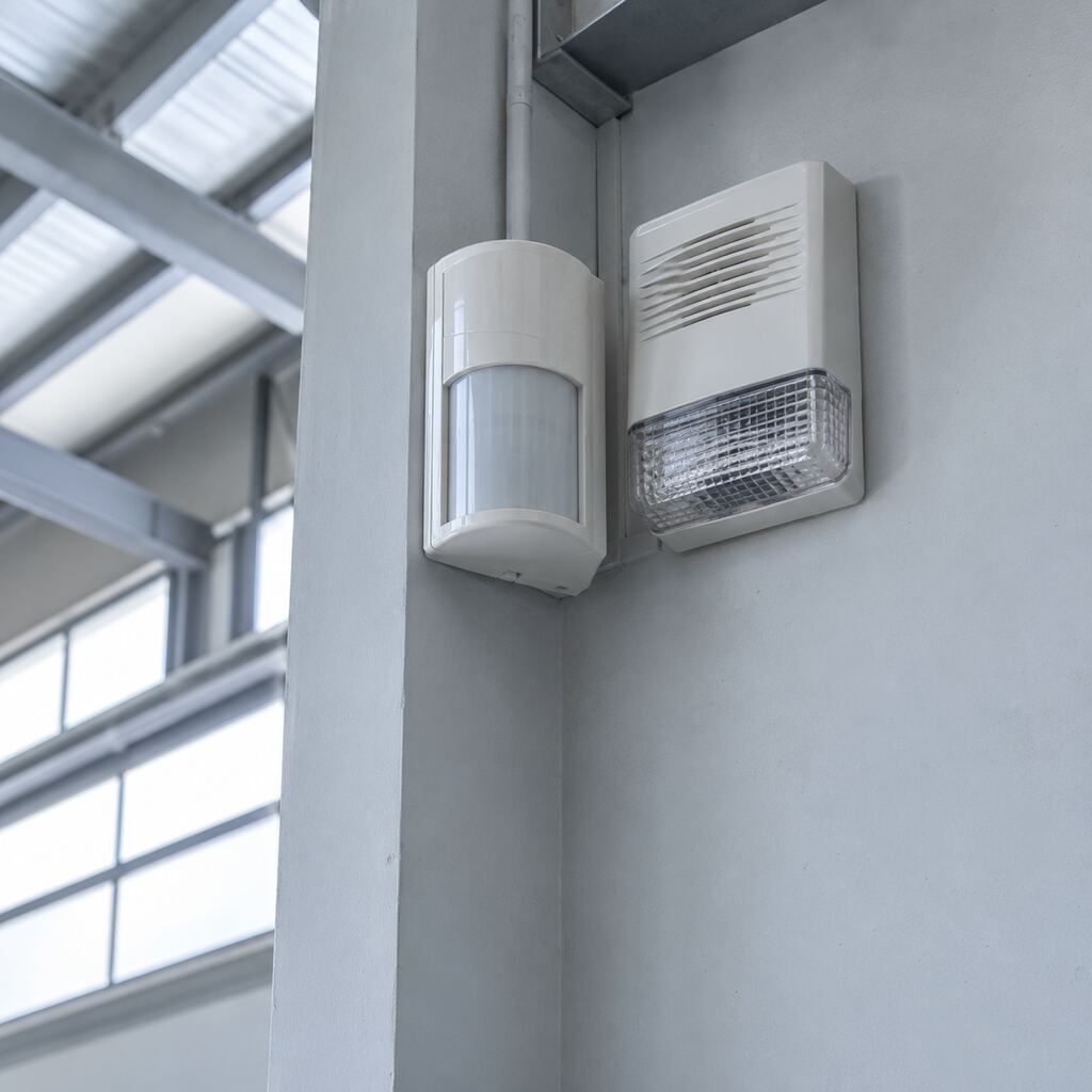 Motion sensor and siren on a warehouse wall