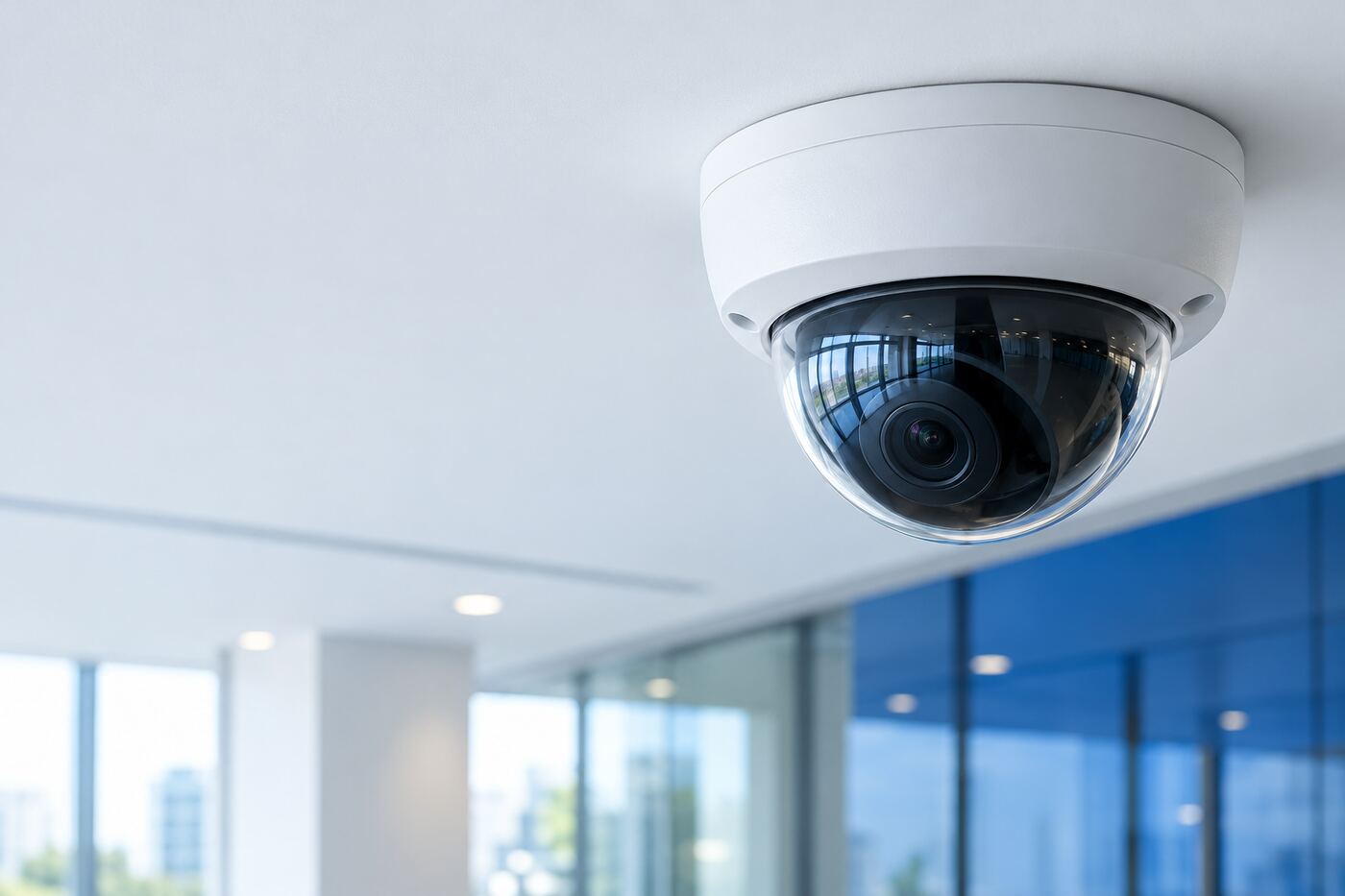 White dome CCTV camera on an office ceiling