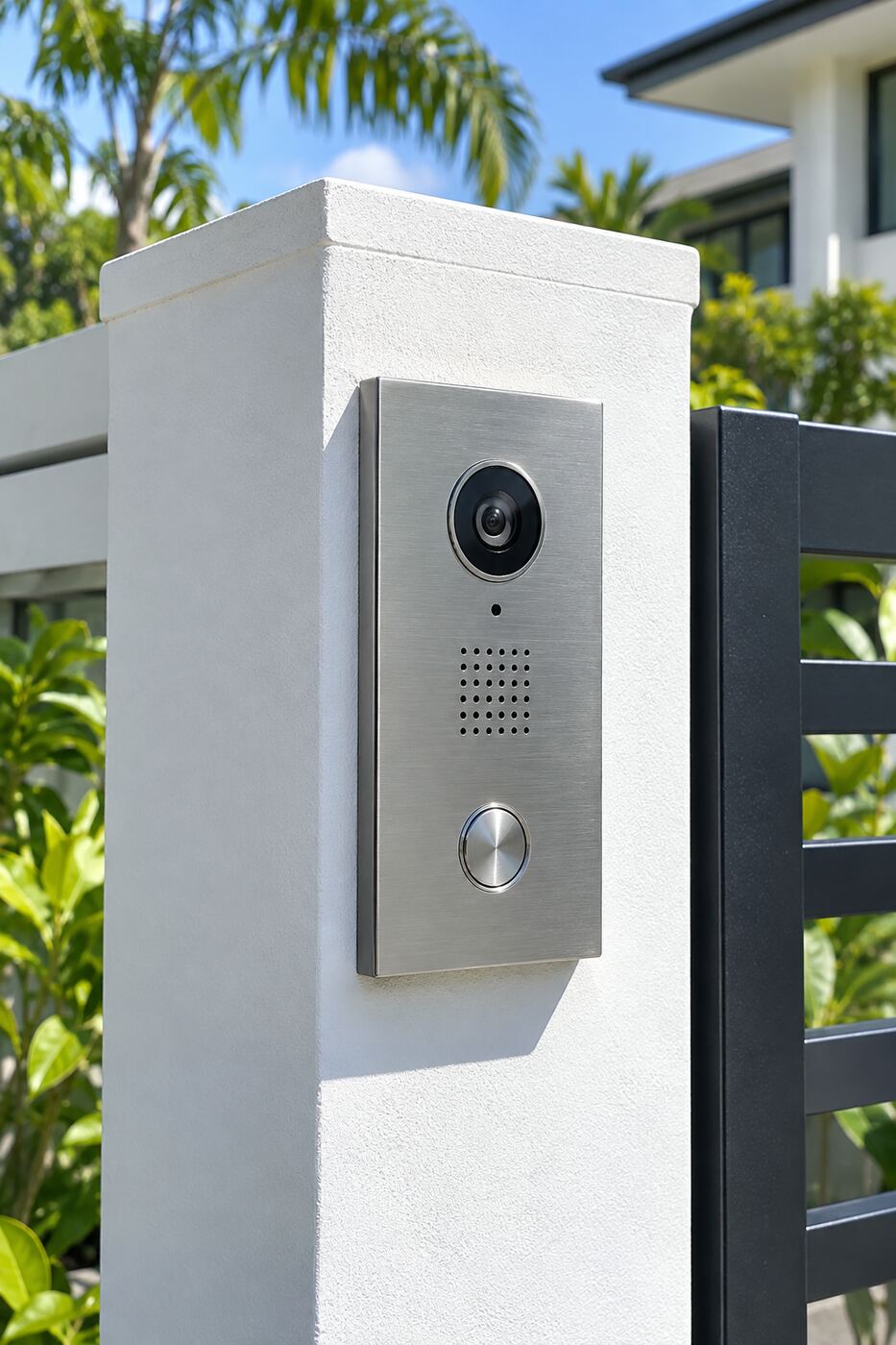 Video intercom panel on a gate pillar